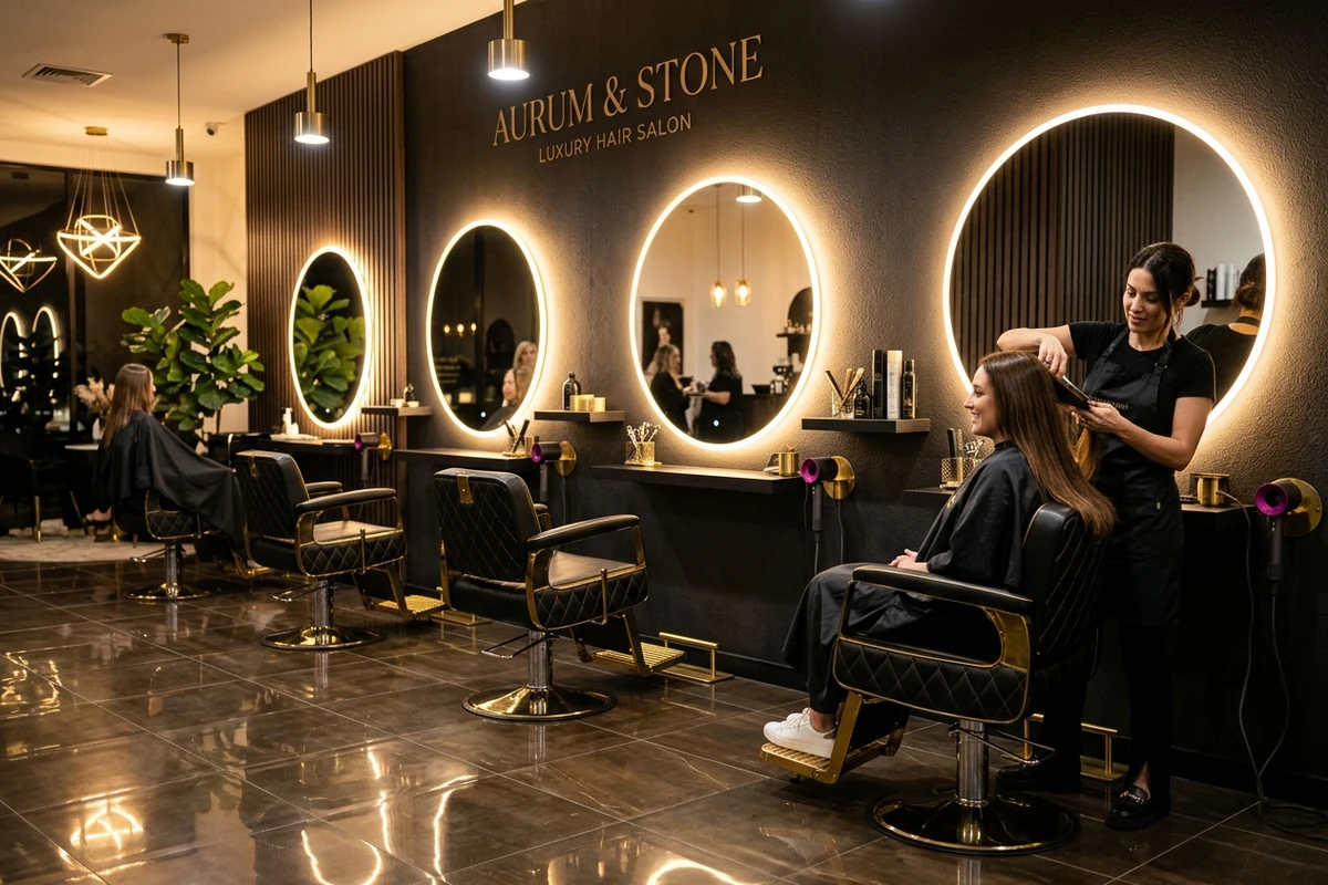 Không gian salon tóc hiện đại ánh sáng LED gương tròn sang trọng